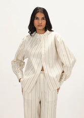 A Model Wearing Off-White Linen Off White Linen Striped Band Collar Top , curated by Only Ethikal